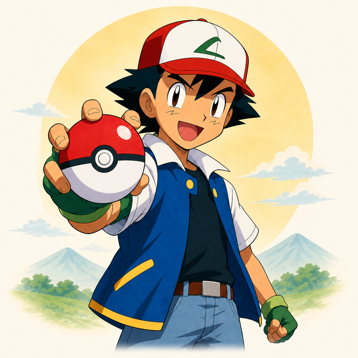 آش من Pokémon يحمل كرة Poké Ball وخلفه كواكب سبيستون